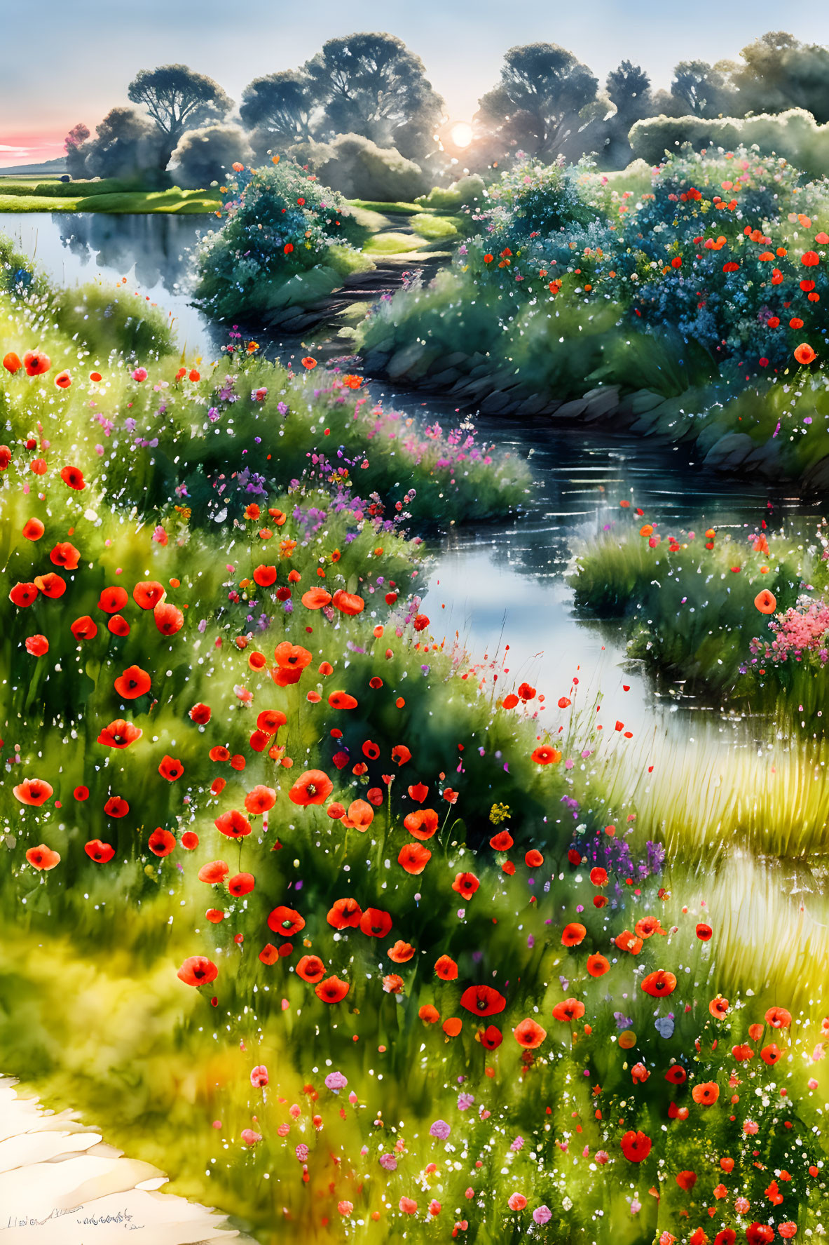 Colorful painting of meadow with red poppies, stream, and trees under sunny sky