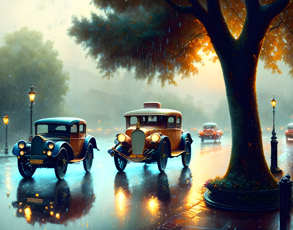 Classic Cars on Rainy Cobblestone Street at Dusk with Streetlights and Tree