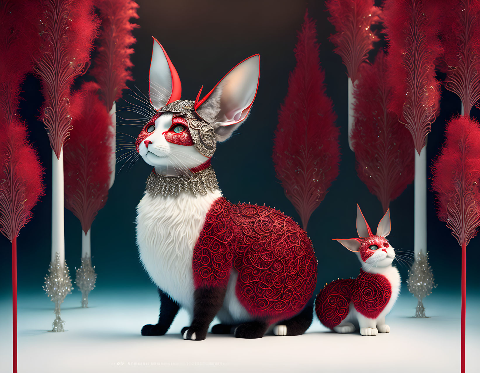 Stylized rabbits with red patterns and masks in mystical forest