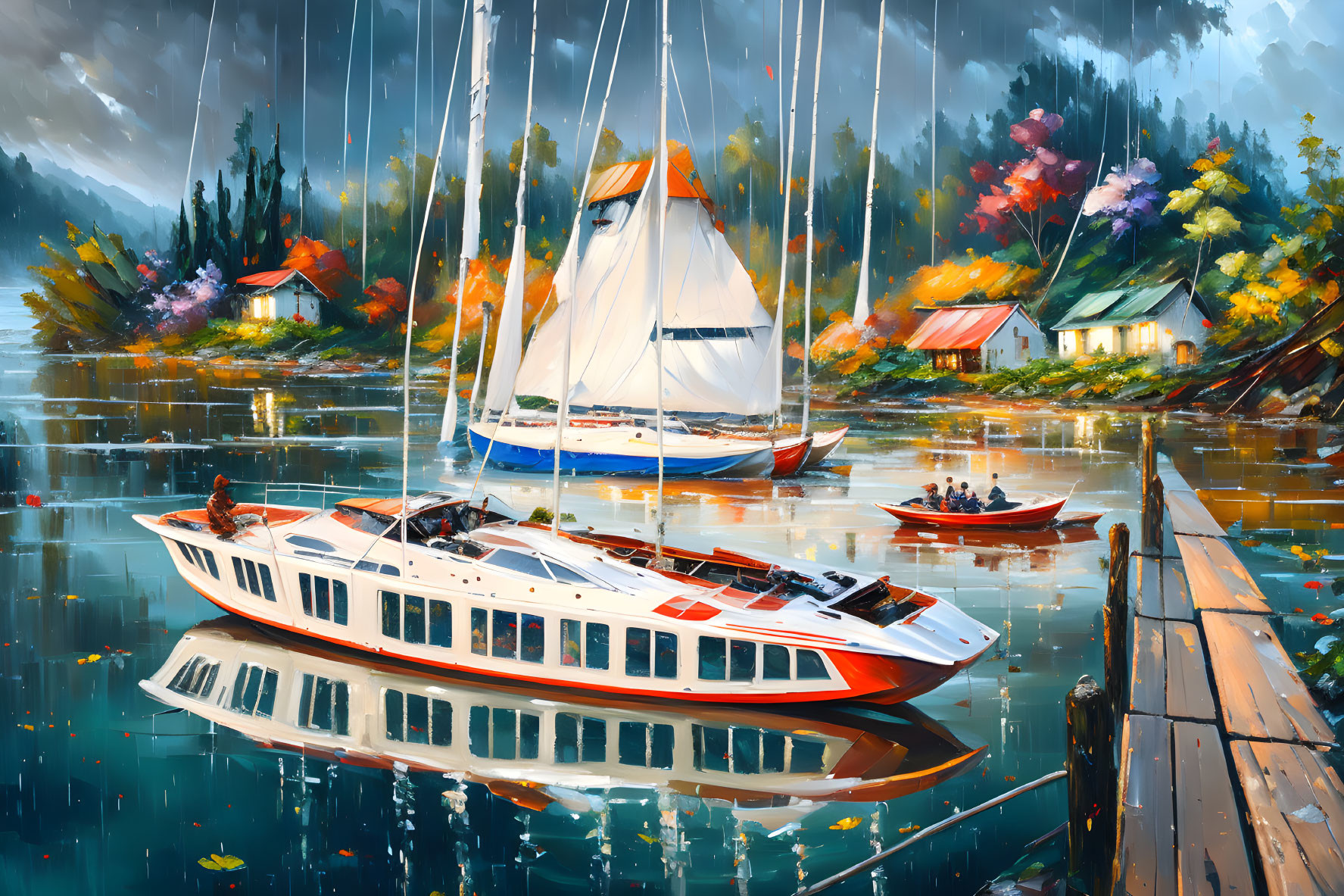 Colorful oil painting of boats on peaceful water with foliage and houses in serene setting