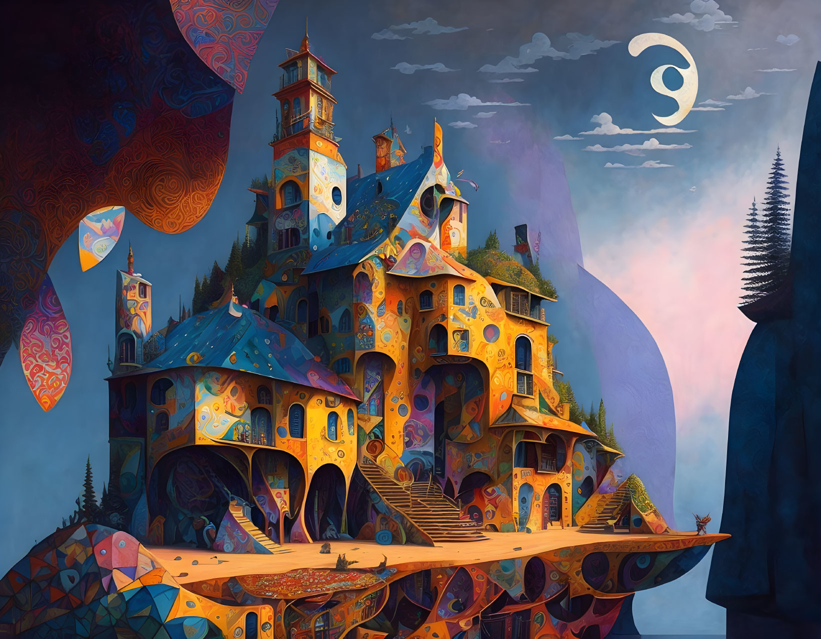 Fantasy Castle with Intricate Patterns and Crescent Moon under Twilight Sky