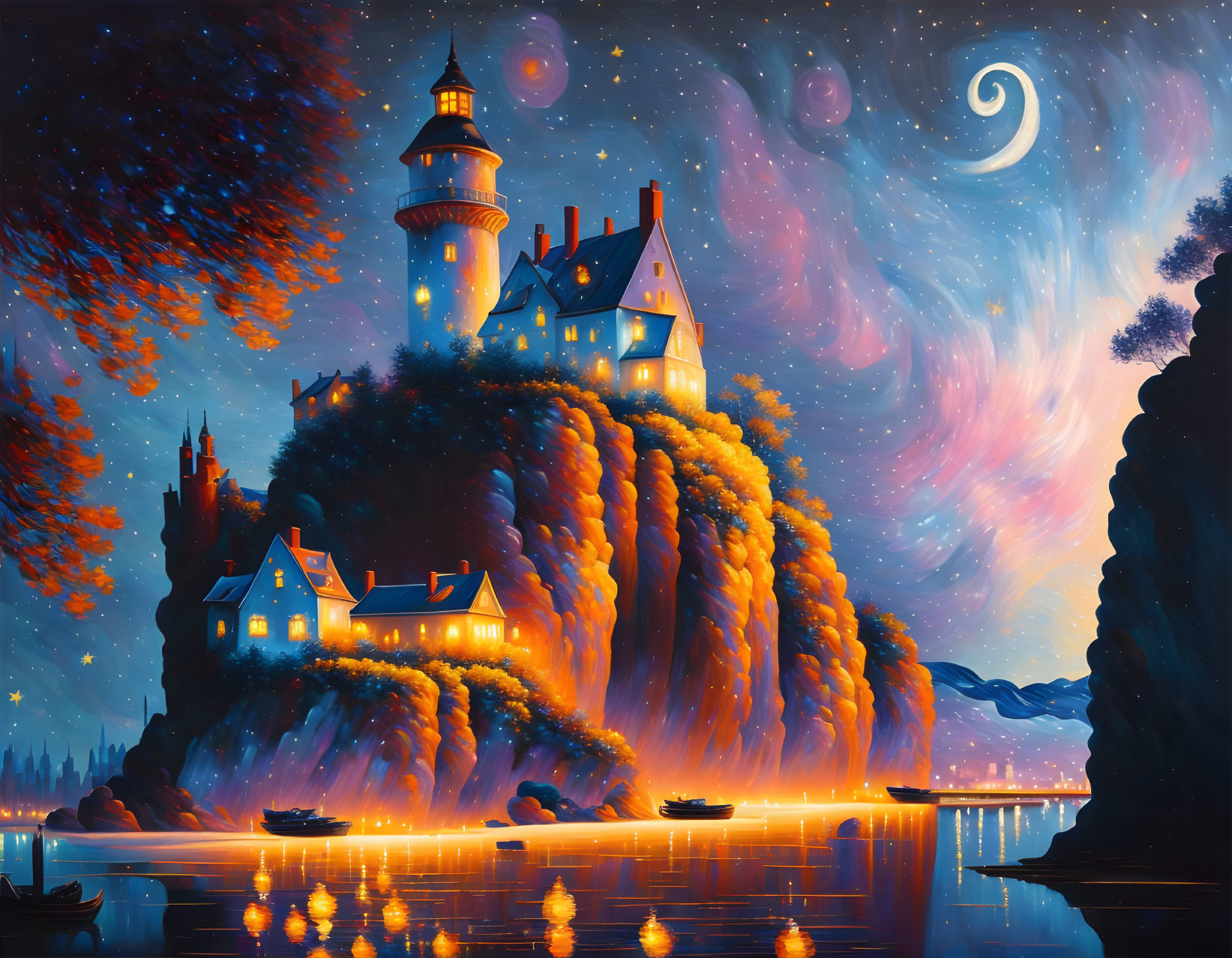 Colorful fantasy artwork: Lighthouse, cliff, illuminated houses, autumn trees, night sky, stars