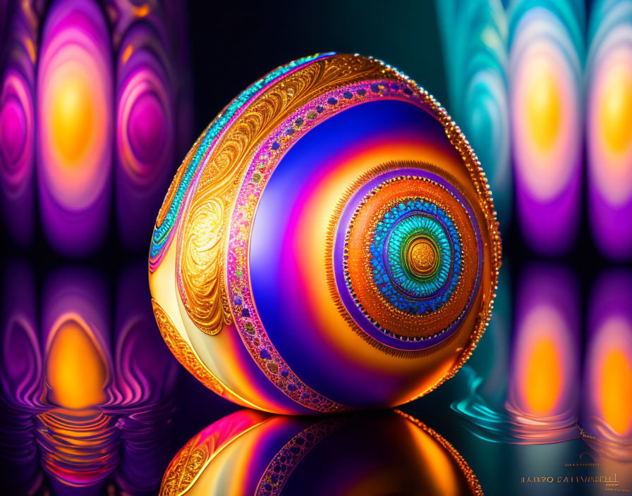 Colorful Patterned Sphere with Gold Designs on Glossy Surface
