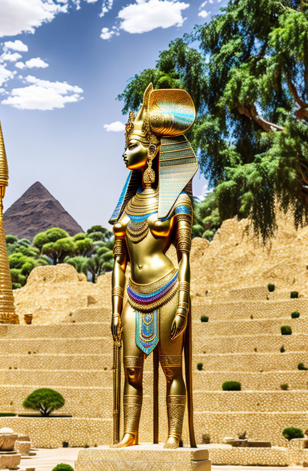 Golden Egyptian Goddess Statue Amid Pyramids and Trees