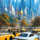 Futuristic cityscape with skyscrapers, vintage cars, and autumn trees.