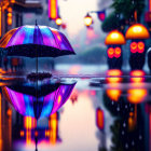 Colorful umbrella reflecting on wet city street at twilight