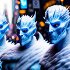 Three individuals in white and blue fantasy costumes with spiked headpieces and glowing blue eyes.