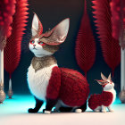 Stylized rabbits with red patterns and masks in mystical forest