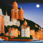 Surreal painting of coastal city with full moon and boat