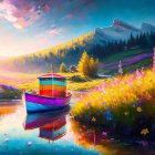 Colorful Boat Painting in Flower-Filled Landscape with River and Mountains