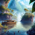 Tranquil tropical scene: boat on serene lake, waterfalls, lush greenery, exotic foliage