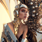 Futuristic woman in ornate helmet and armor against abstract backdrop