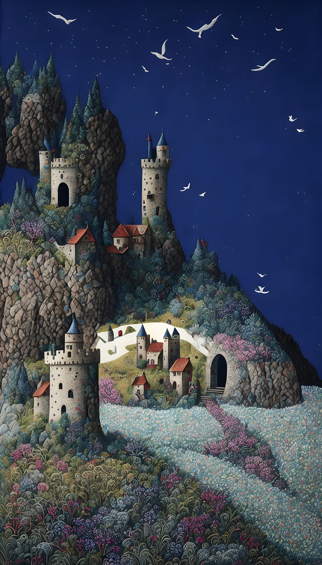 Whimsical nighttime landscape with flower-covered hill and castles