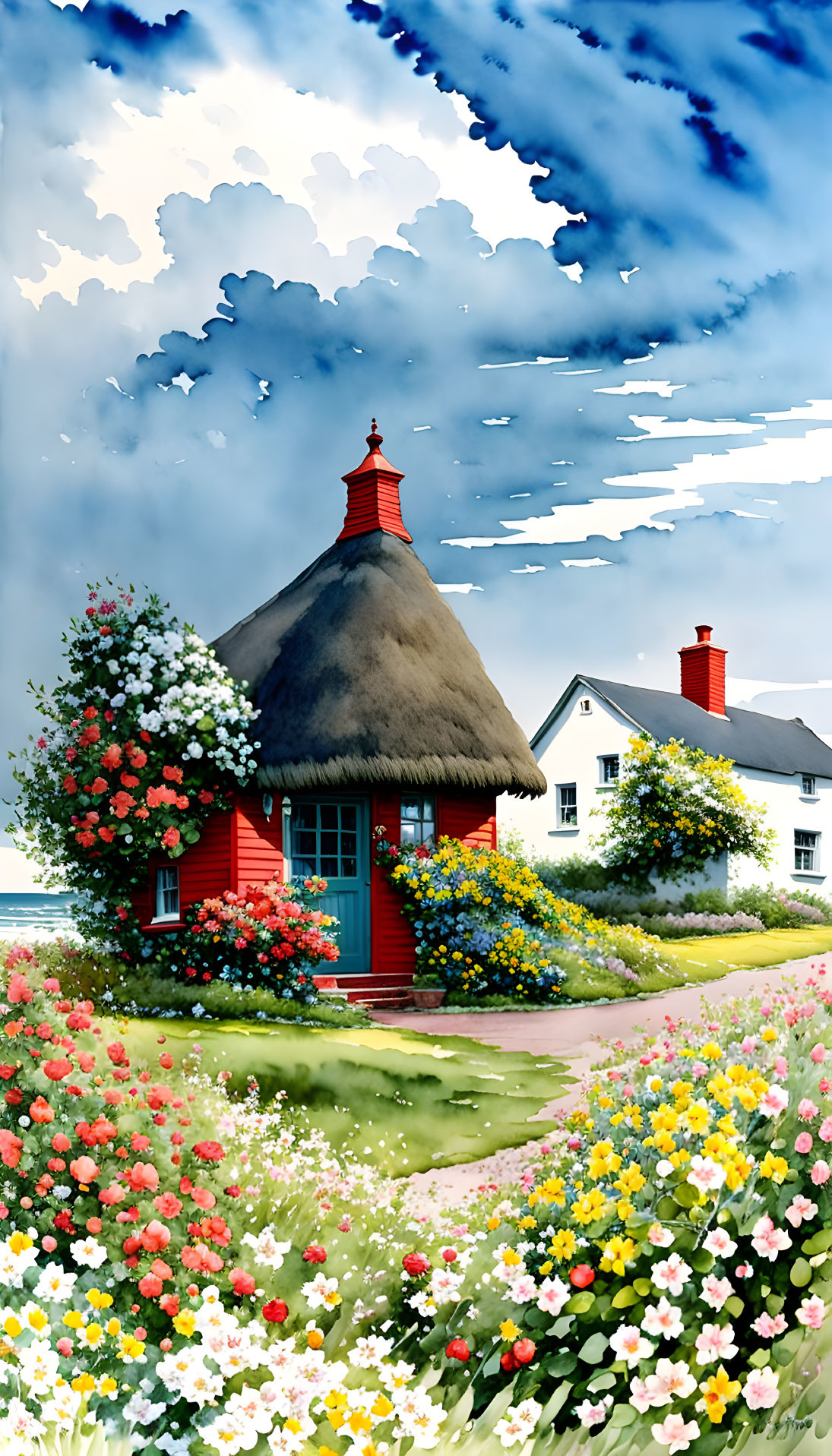 Red Thatched-Roof Cottage in Flower Garden Setting