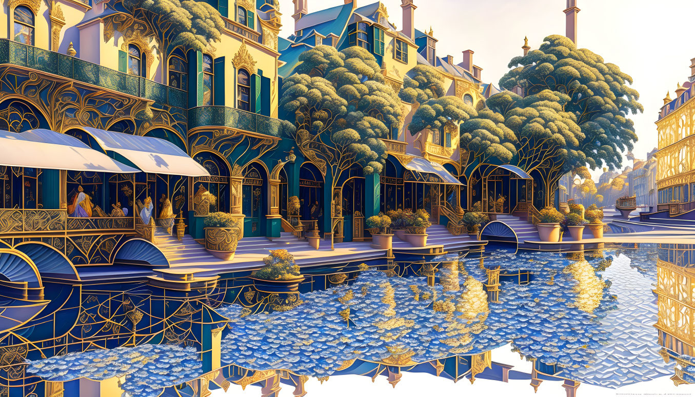 Colorful street scene with blue and gold buildings, lush trees, and water reflection