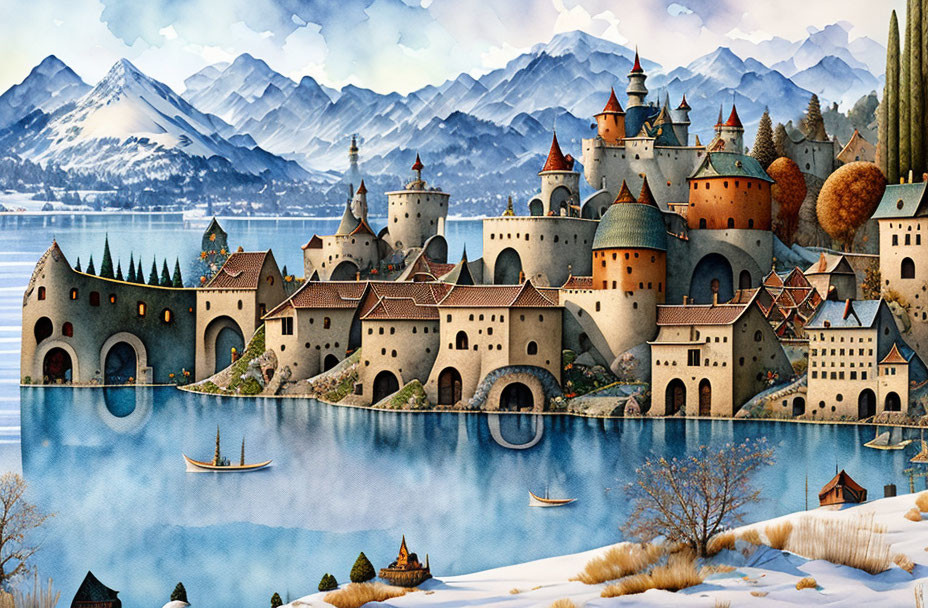 Fantasy castle by calm lake with snowy mountains