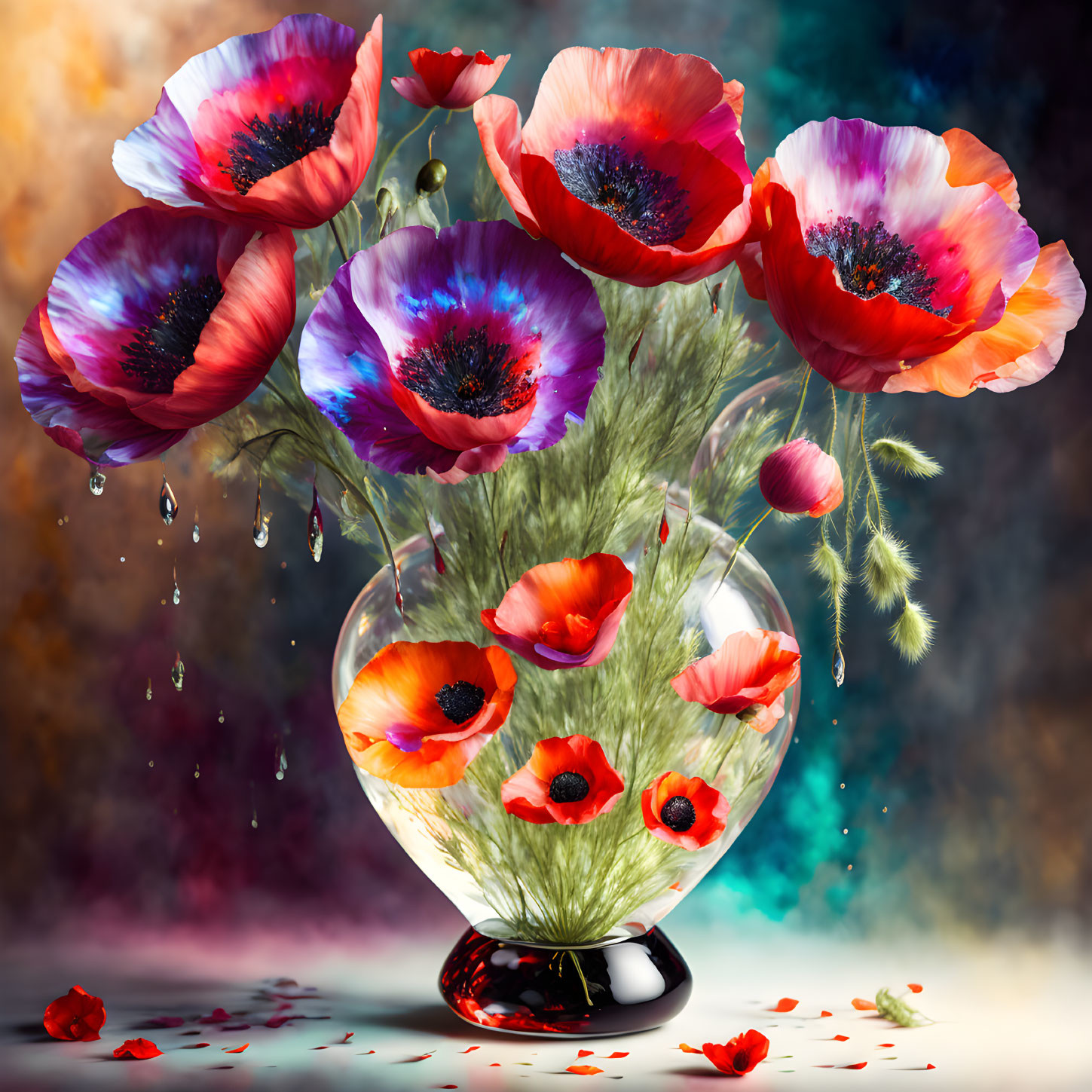 Multicolored poppies bouquet in glass vase with water droplets and petals on bokeh background