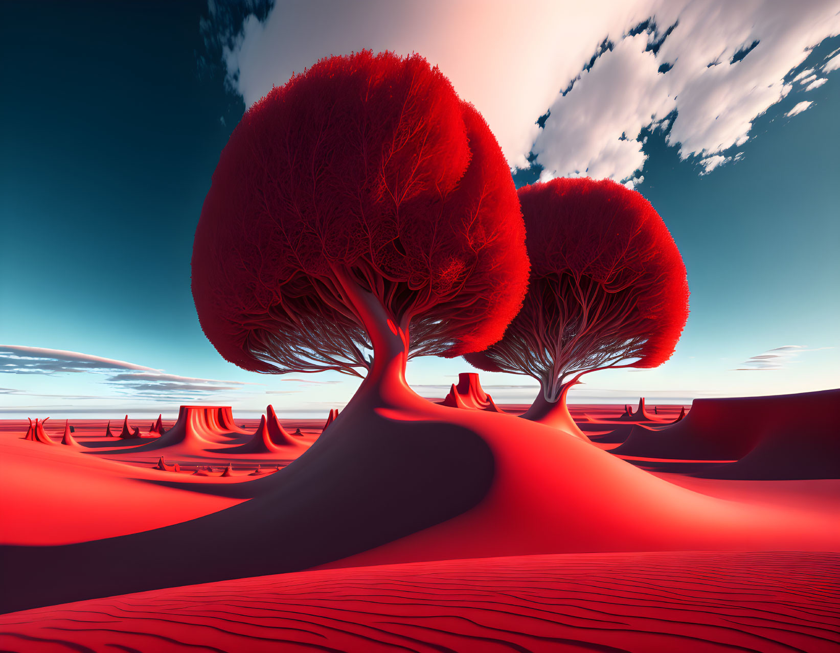 Red-tinted surreal landscape with stylized trees under blue sky