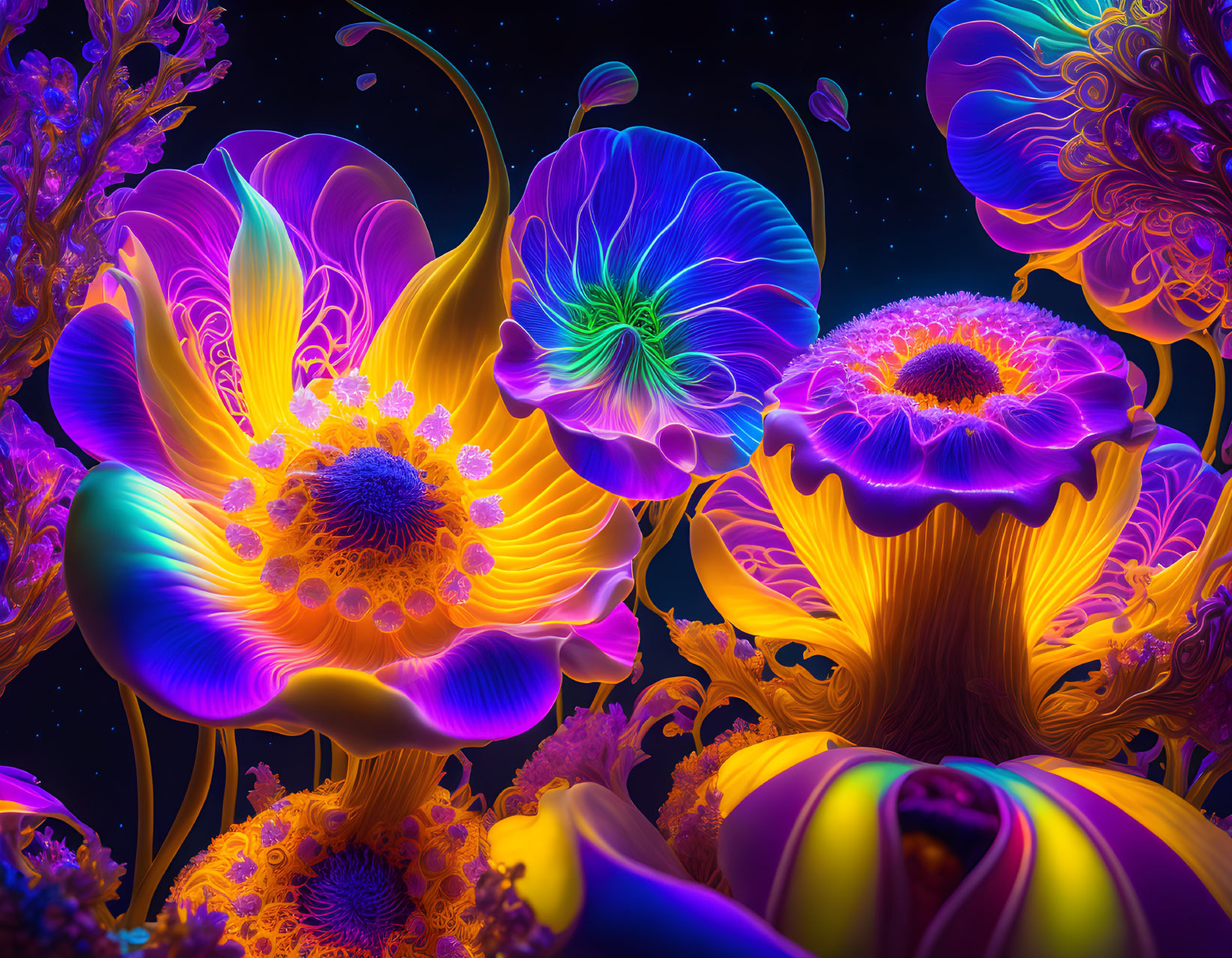 Neon-Colored Flowers on Cosmic Background with Glowing Edges