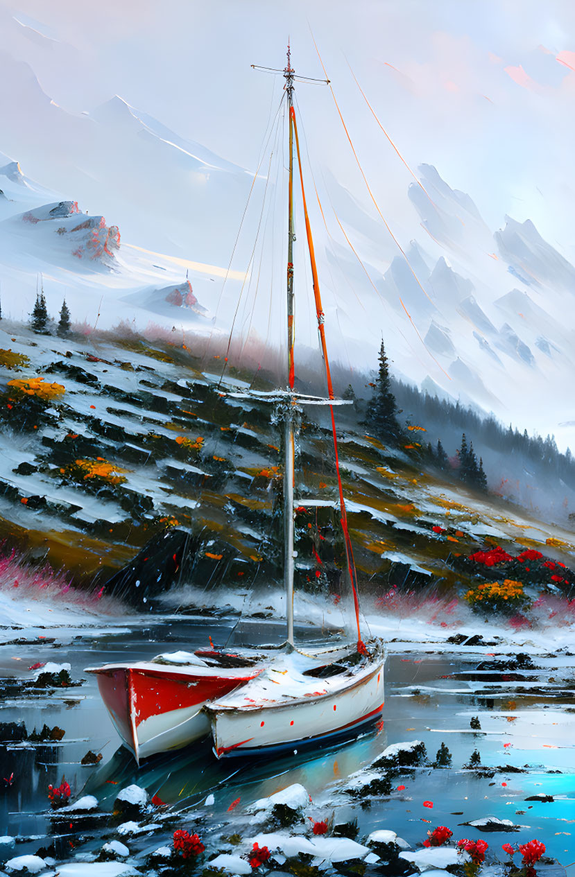 Sailboat stranded on snowy shore with vibrant flora and misty mountains