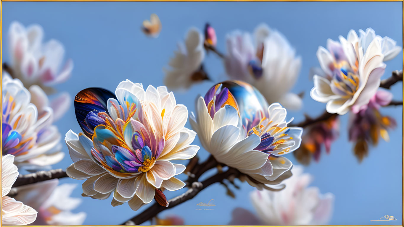 Blooming magnolia flowers with swirling patterns and a reflective sphere