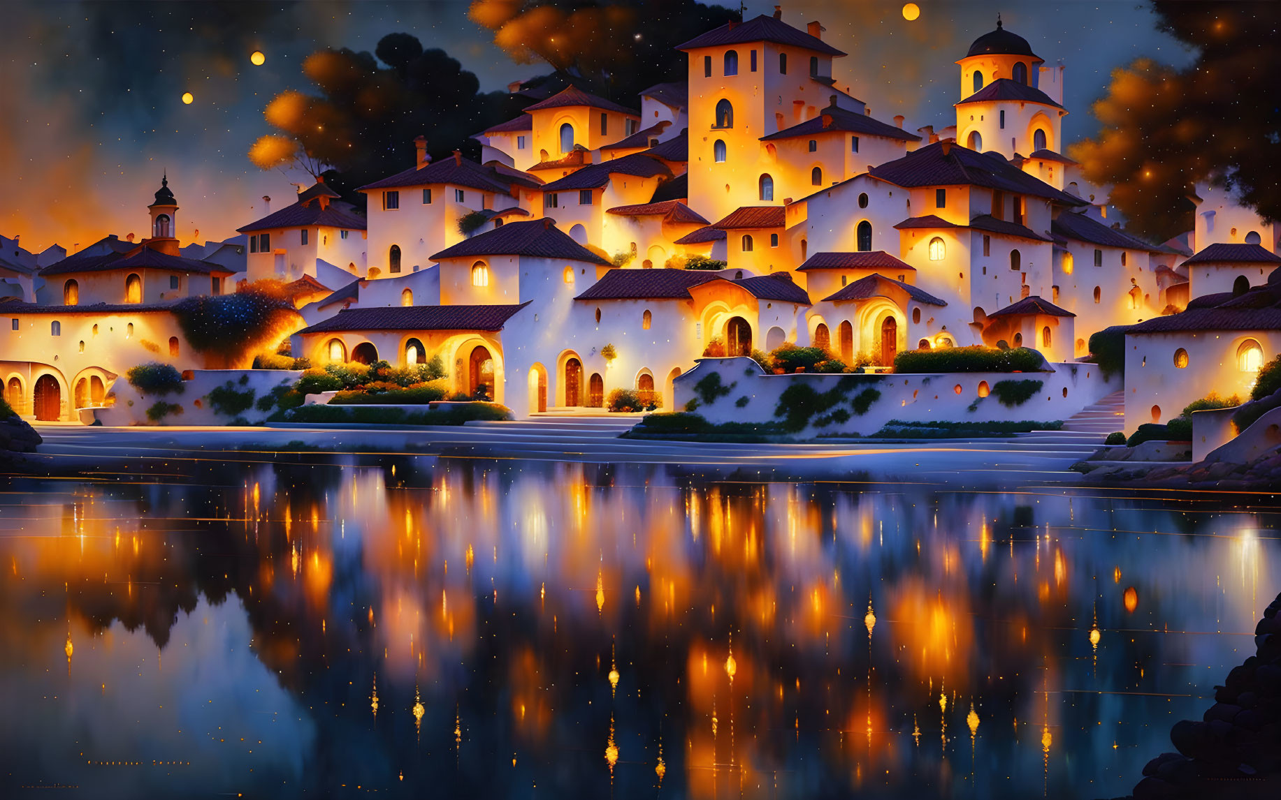 Starlit Village Reflecting in Tranquil Water Under Dusky Sky