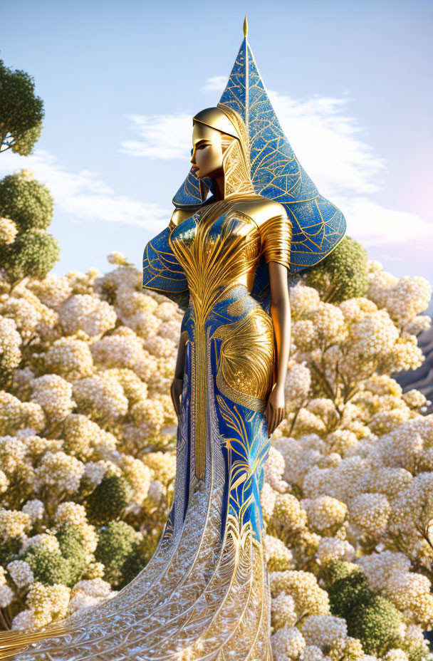 Golden-dressed figure in elegant setting among white blossoming trees