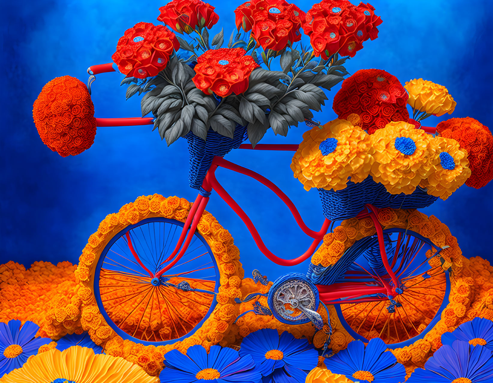 Colorful Artwork: Red Bicycle with Flowers on Blue Background
