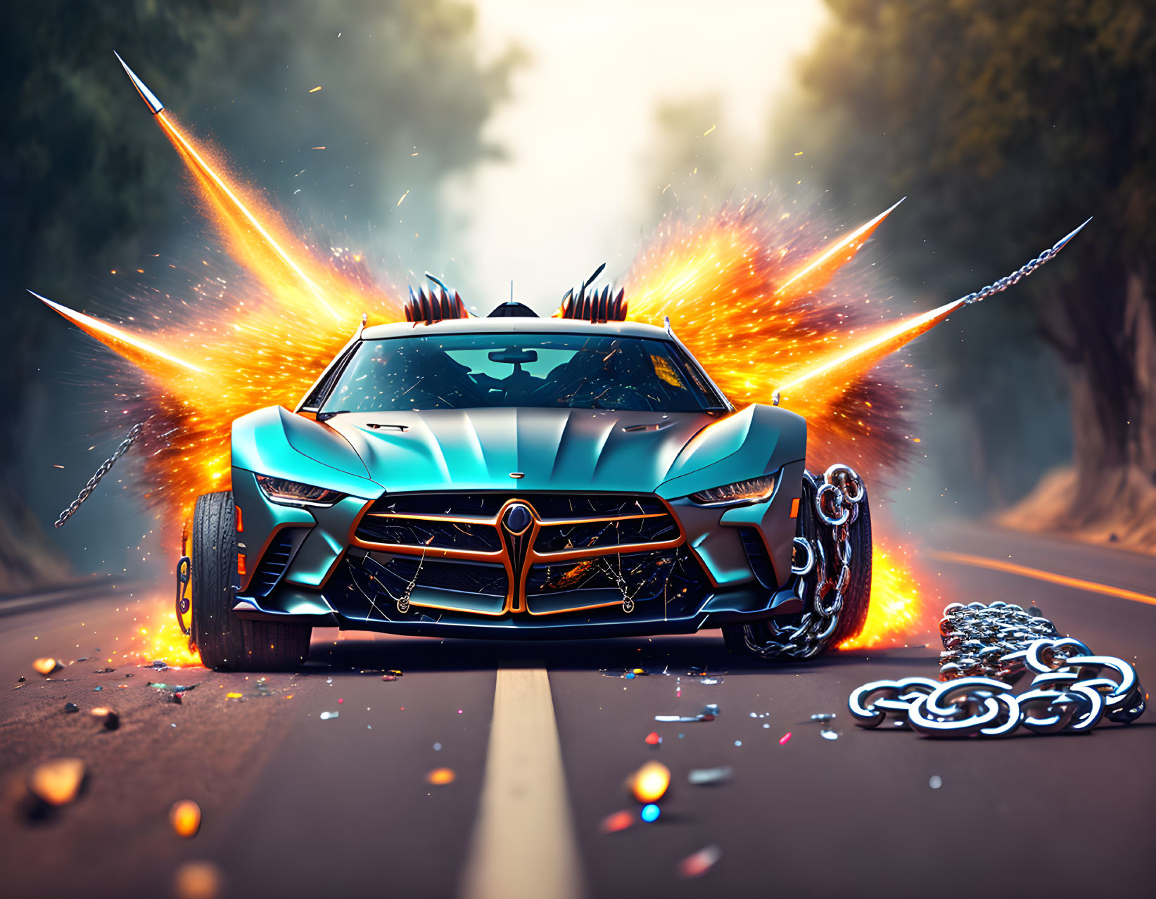 Customized sports car with chains and spikes emitting sparks and flames