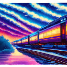 Colorful retro-futuristic train speeding under striped sky with flying vehicles