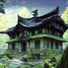 Moss-Covered Wooden Temple in Serene Forest