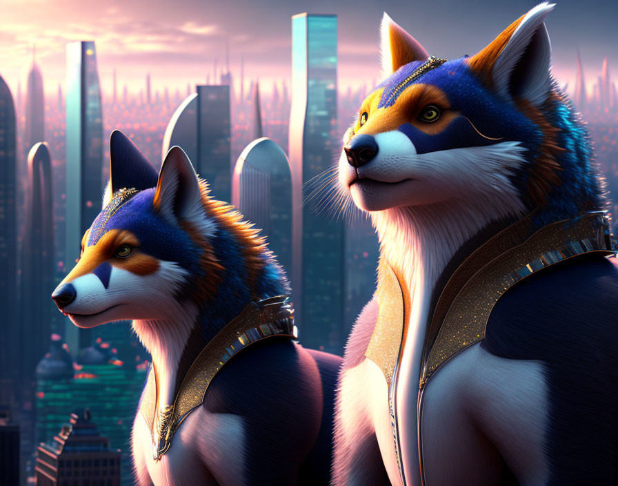 Futuristic armor-clad anthropomorphic foxes in twilight cityscape