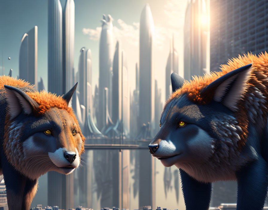 Anthropomorphic foxes in futuristic city at sunrise