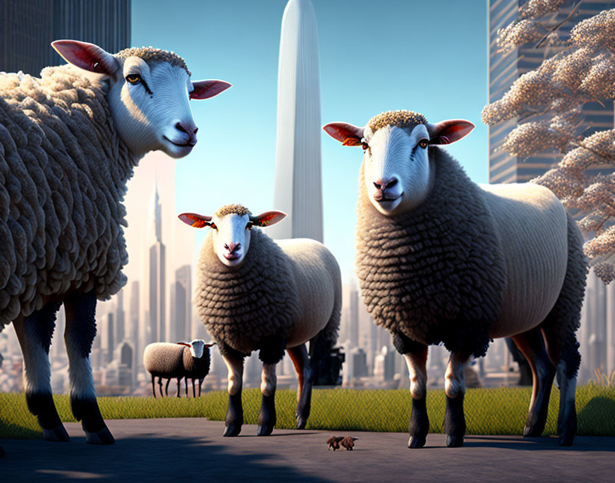 Three animated sheep with human-like expressions in futuristic urban setting with skyscrapers and tiny lion cub
