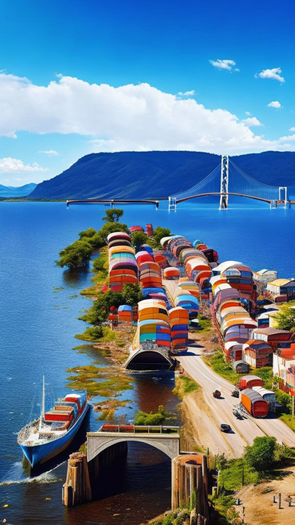 Colorful Coastal Scene with Cylindrical Buildings and Boat Dock