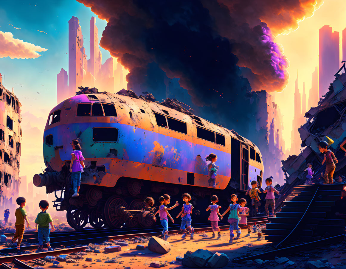 Dystopian scene: Children near derelict train in crumbling city
