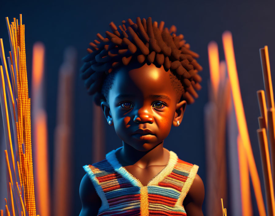 Young child in 3D rendering with thoughtful expression and glowing vertical lines