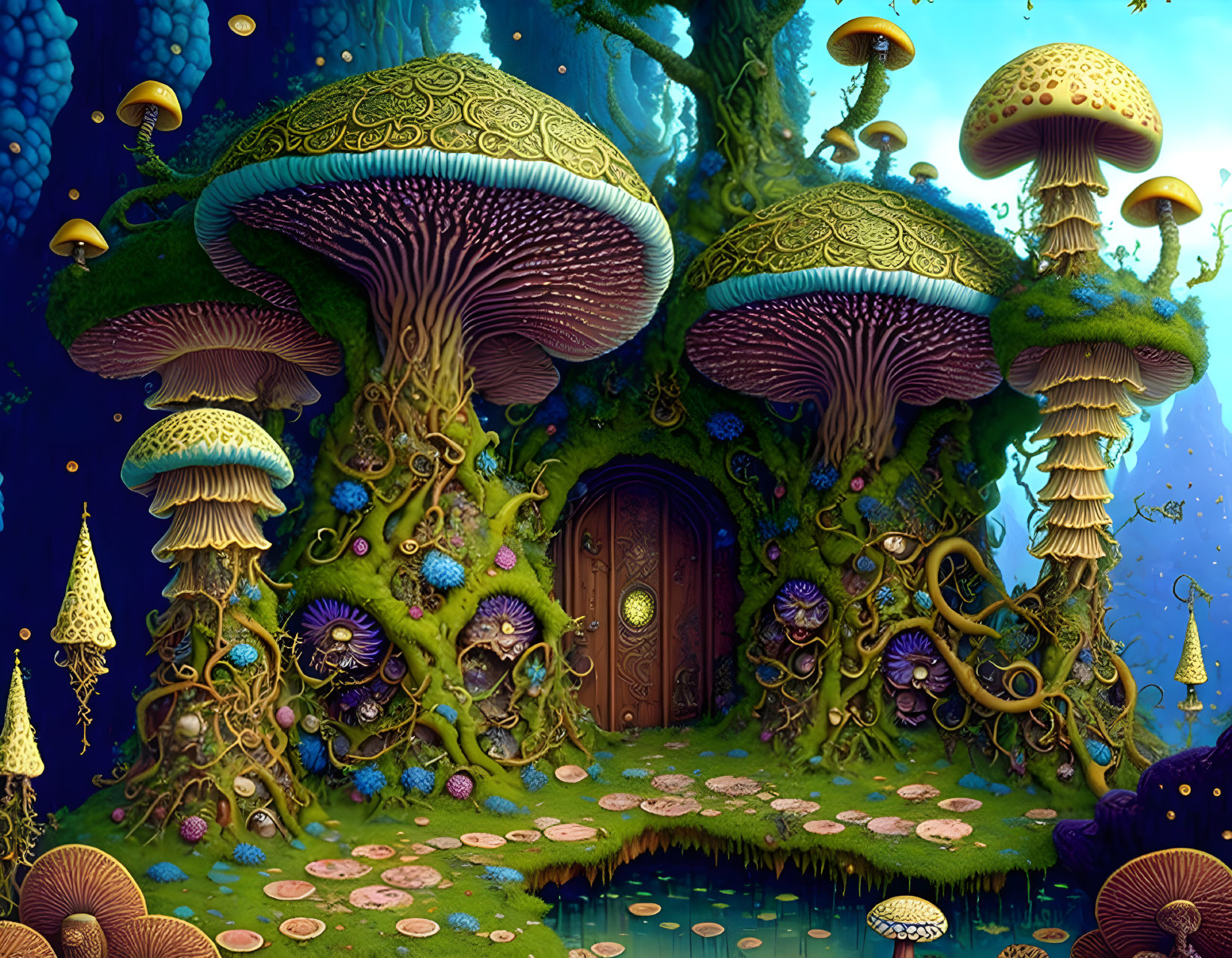 Vibrant fantasy landscape with colorful oversized mushrooms and tree door