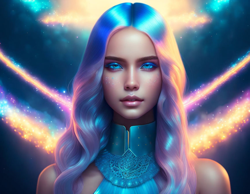 Futuristic digital illustration: Woman with blue ombre hair and glowing eyes in cosmic setting