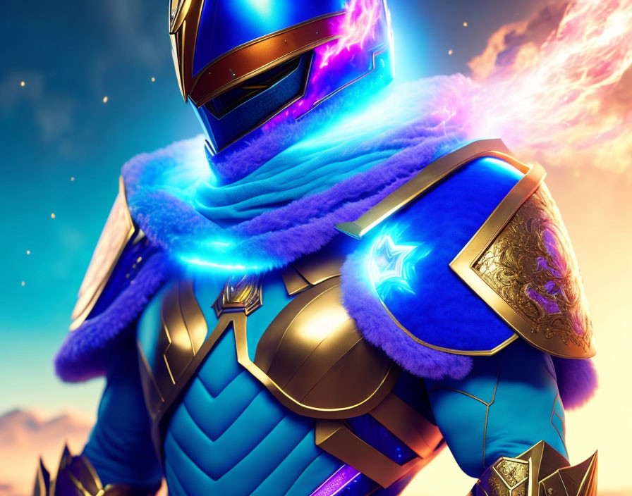 Stylized knight in blue armor with glowing elements and mystical energy.