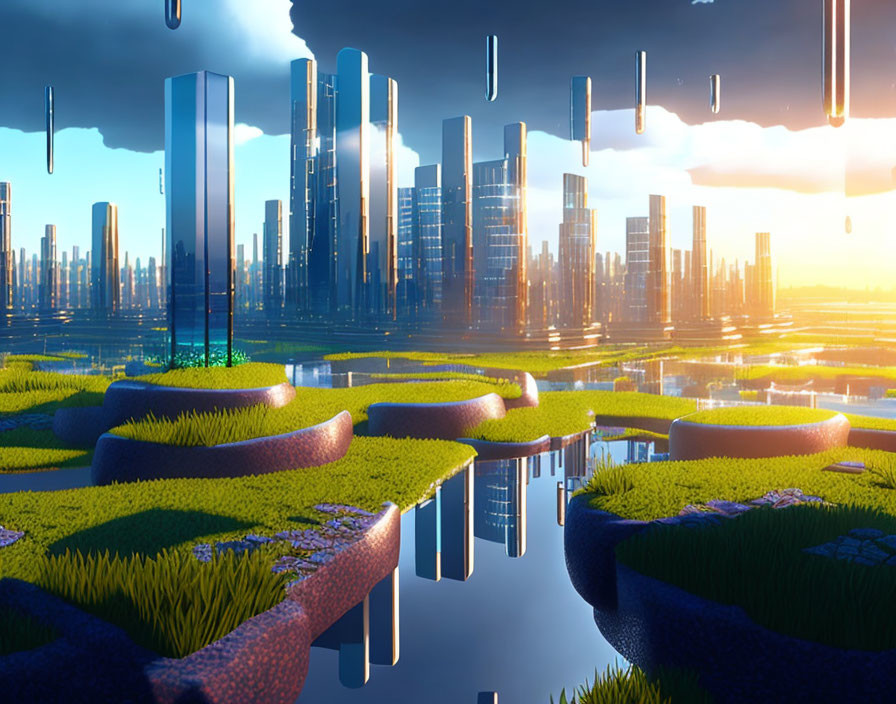 Futuristic floating high-rise cityscape above islands and water under blue sky