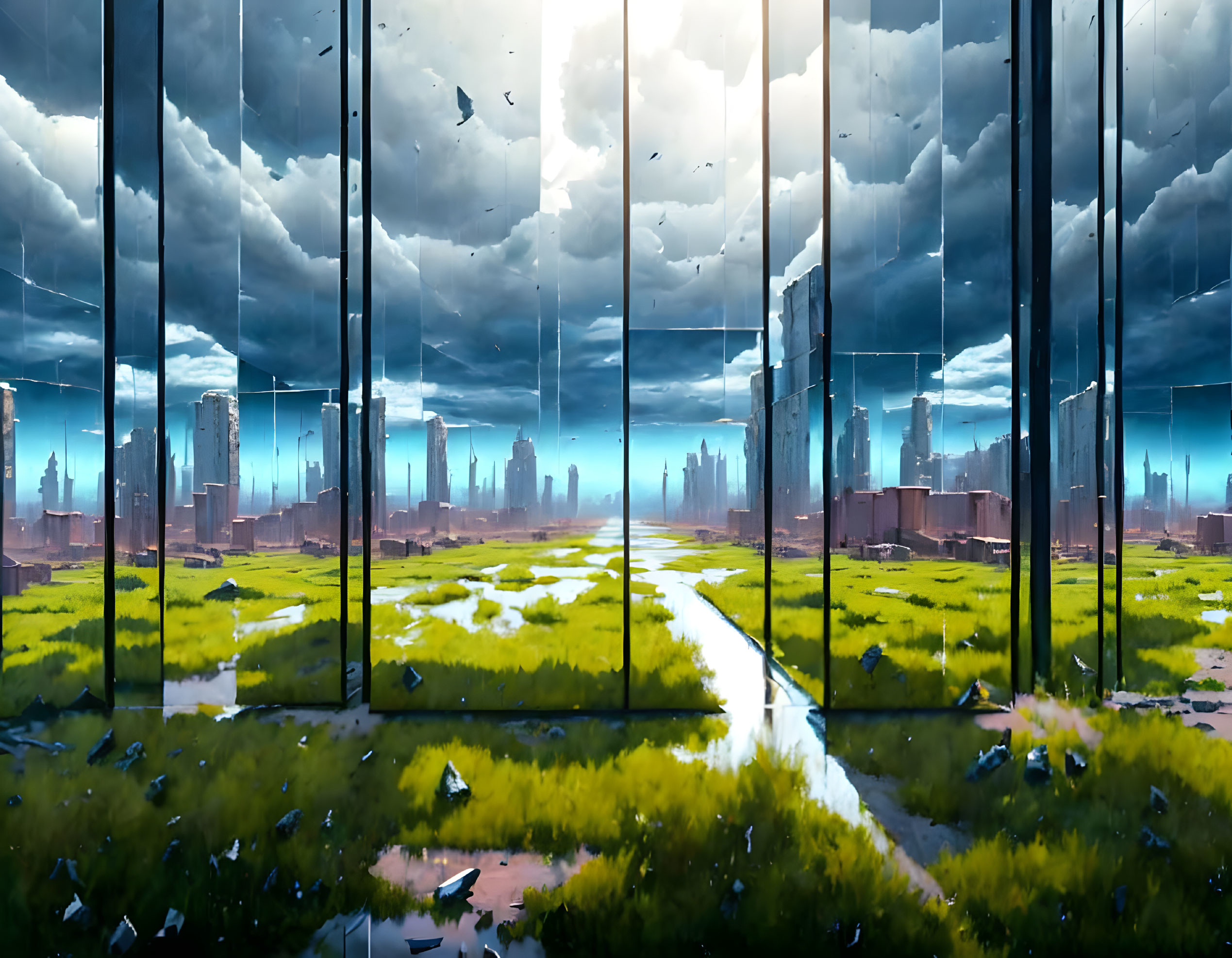 Futuristic glass room with panoramic city skyline views under stormy sky