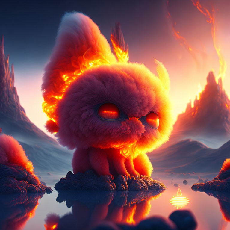 Fiery creature with red eyes in volcanic landscape