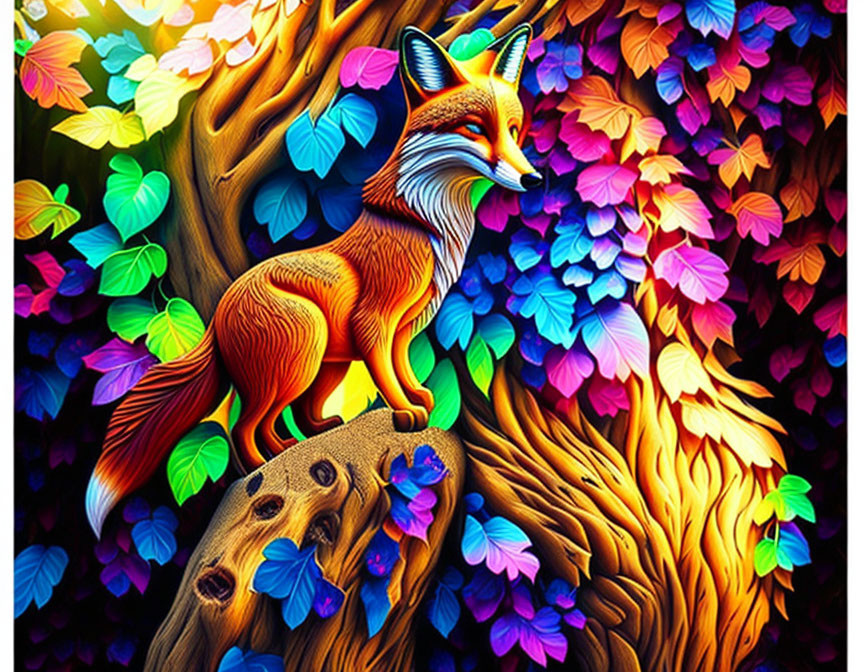 Colorful Fox Perched on Twisted Tree Trunk Amid Multicolored Leaves