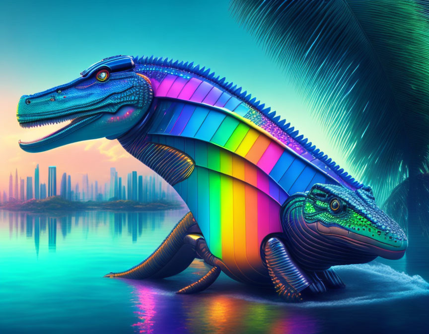Colorful Alligator-Like Creatures by Water with City Skyline