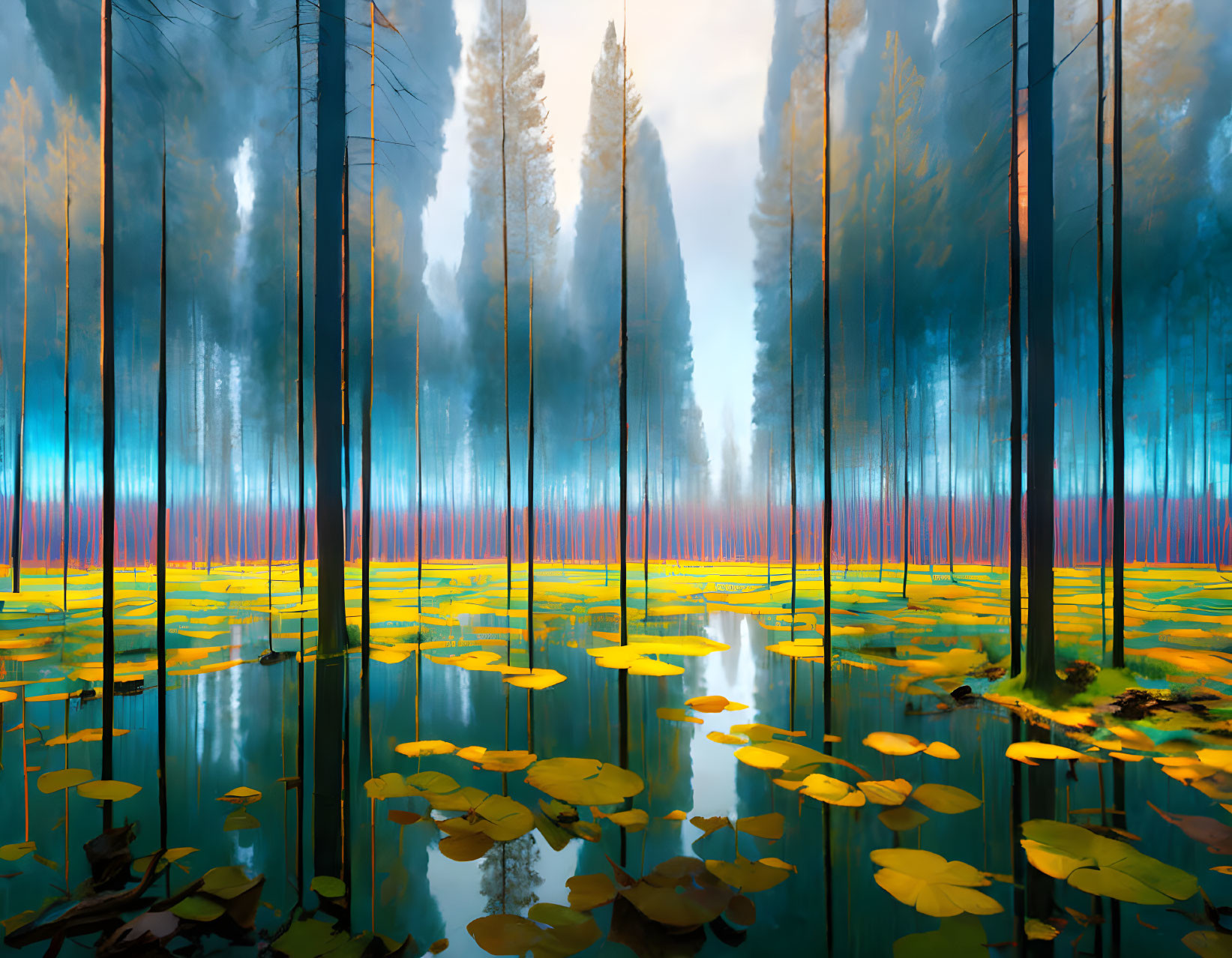 Enchanting forest landscape with reflective water and towering trees
