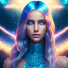 Futuristic digital illustration: Woman with blue ombre hair and glowing eyes in cosmic setting