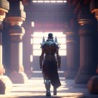 Figure in ornate armor strolls through grand hall with tall pillars