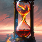 Hourglass with fire and smoke chambers, silhouetted figures trapped inside