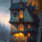 Three-story whimsical house in autumn setting with fog and birds.